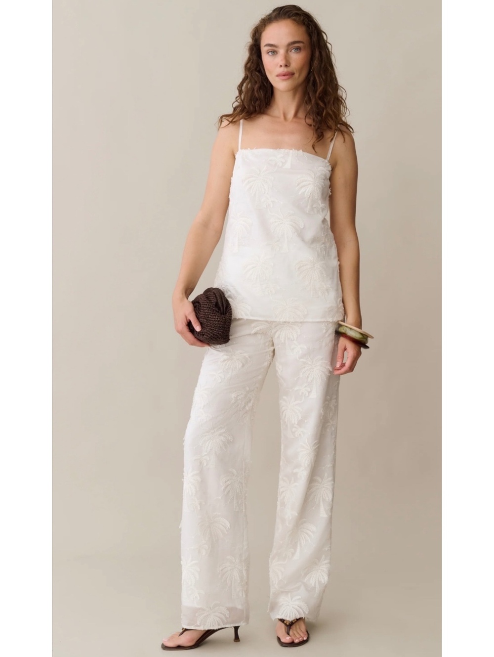 NWT Caara By Few Moda Morgan Set Palm Print Embroidery Pants White Size 4
